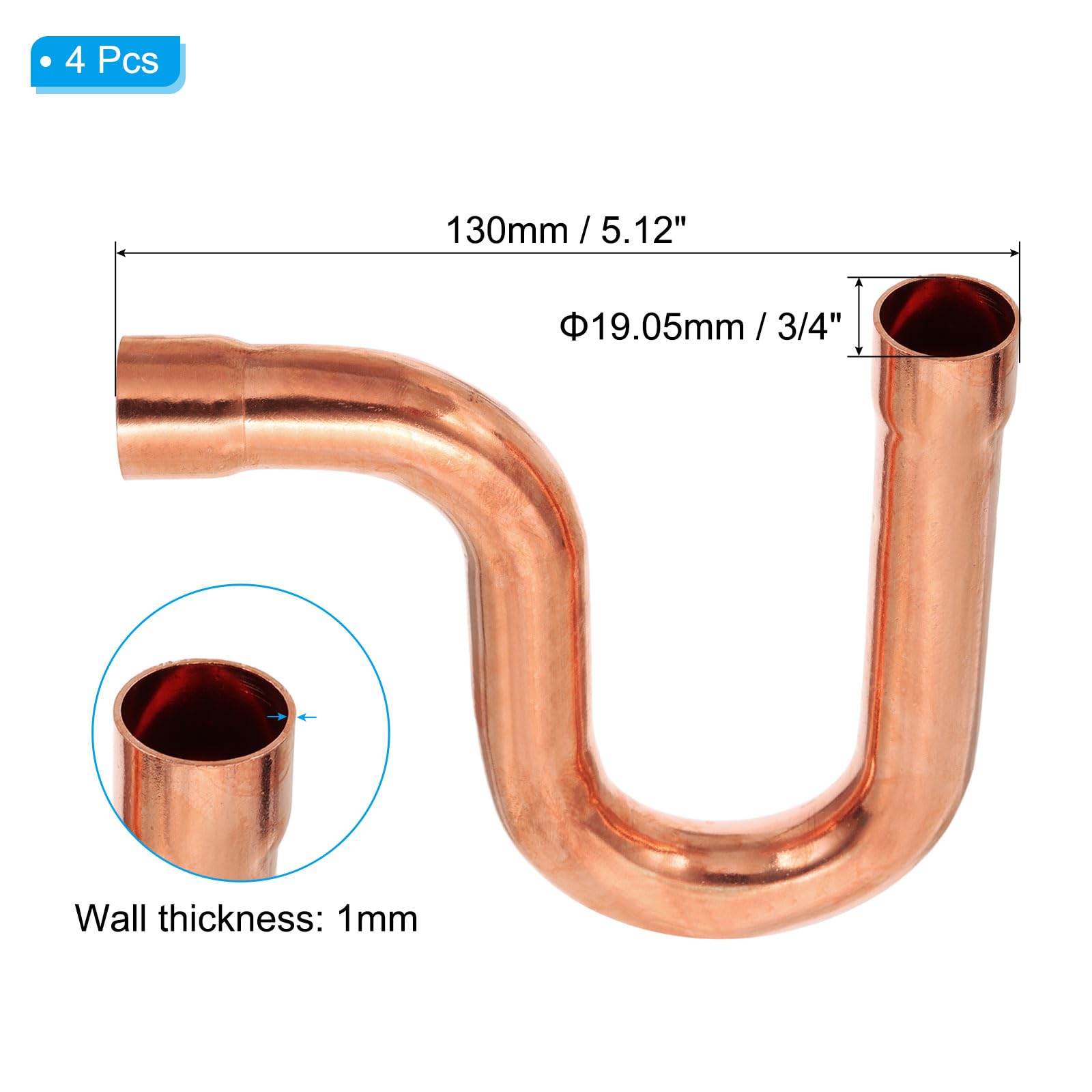 PATIKIL Accesorios de tubería de cobre con trampa P de 3/4 pulgadas, 4 piezas de conexión de soldadura de soldadura para HVAC, refrigeración, aire acondicionado, suministro de fontanería