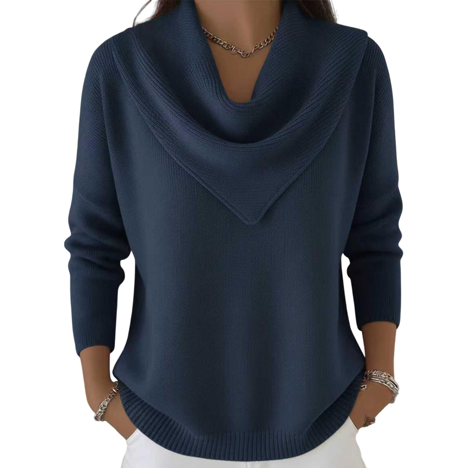 Elegant Retro Soft Triangle Neck Solid Color Sweater Top Womens Cozy Long Sleeve Knit Pullover Triangle Neck Sweater