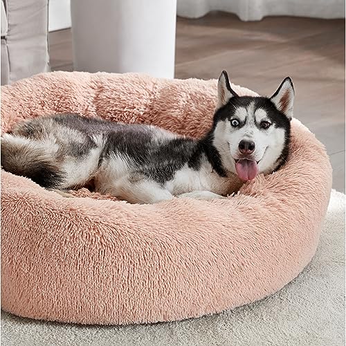 Image of Bedsure Calming Dog Beds Large Sized Dog Donut Washable Pet Bed,36ins Pink | Fluffy Faux Fur Round Cuddler,with Removable Washable Cover,Anti-Slip Bottom,Anti-Anxiety,Deep Sleeping for Pets Up to 80 Lbs