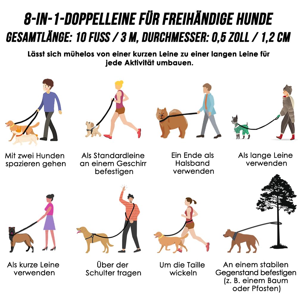 Eyein Hundeleine 3m für Kleine mittelgroße Hunde, 8in1 Schleppleine mit 3 Verstellbare Schnalle und Griffen, Reflektierende Doppelleine für 2 Hunde - Unter 100KG, Verdickte Freihandleinen, Rosa