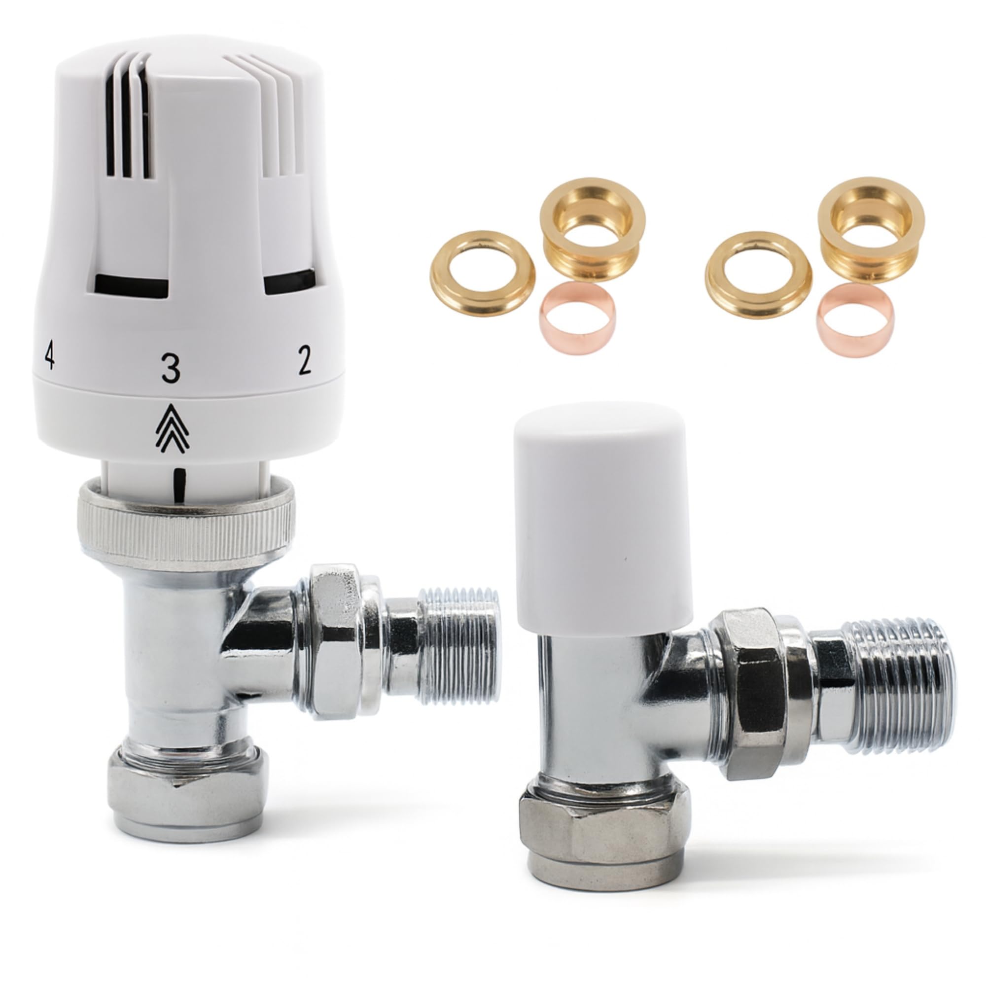 15/10mm Angle Strata 2 Thermostatic Radiator Valve Twin Pack White TRV & Lockshield Set for Heating Systems
