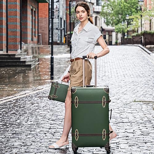 urecity Vintage Suitcase Set for Women, Vintage Luggage Sets for Women 2 Piece, Cute Designer Trunk Luggage, Retro Suit Case, Luggage Zipperless TSA Approved, Army Green, 20"+12"
