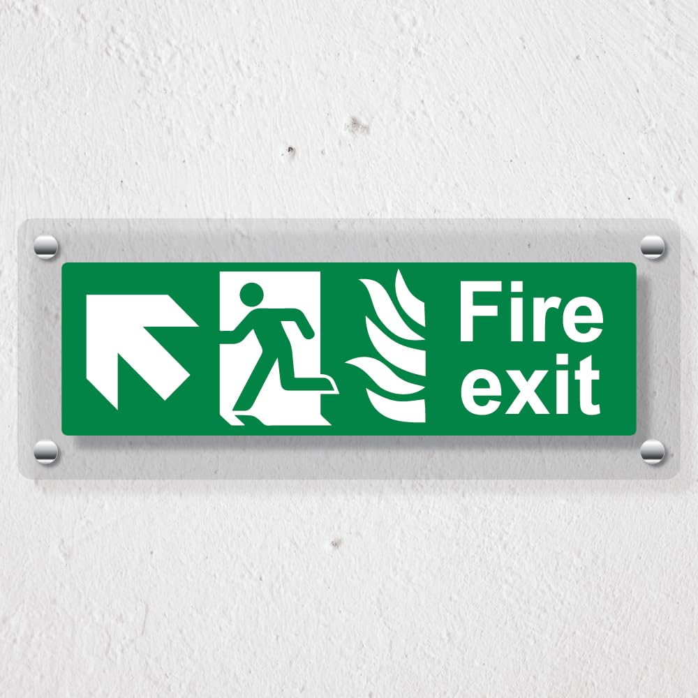 V Safety NHS Fire Exit Arrow Up Left - 300 x 100 mm - Acrylic Perspex Cast Clear Safety Sign