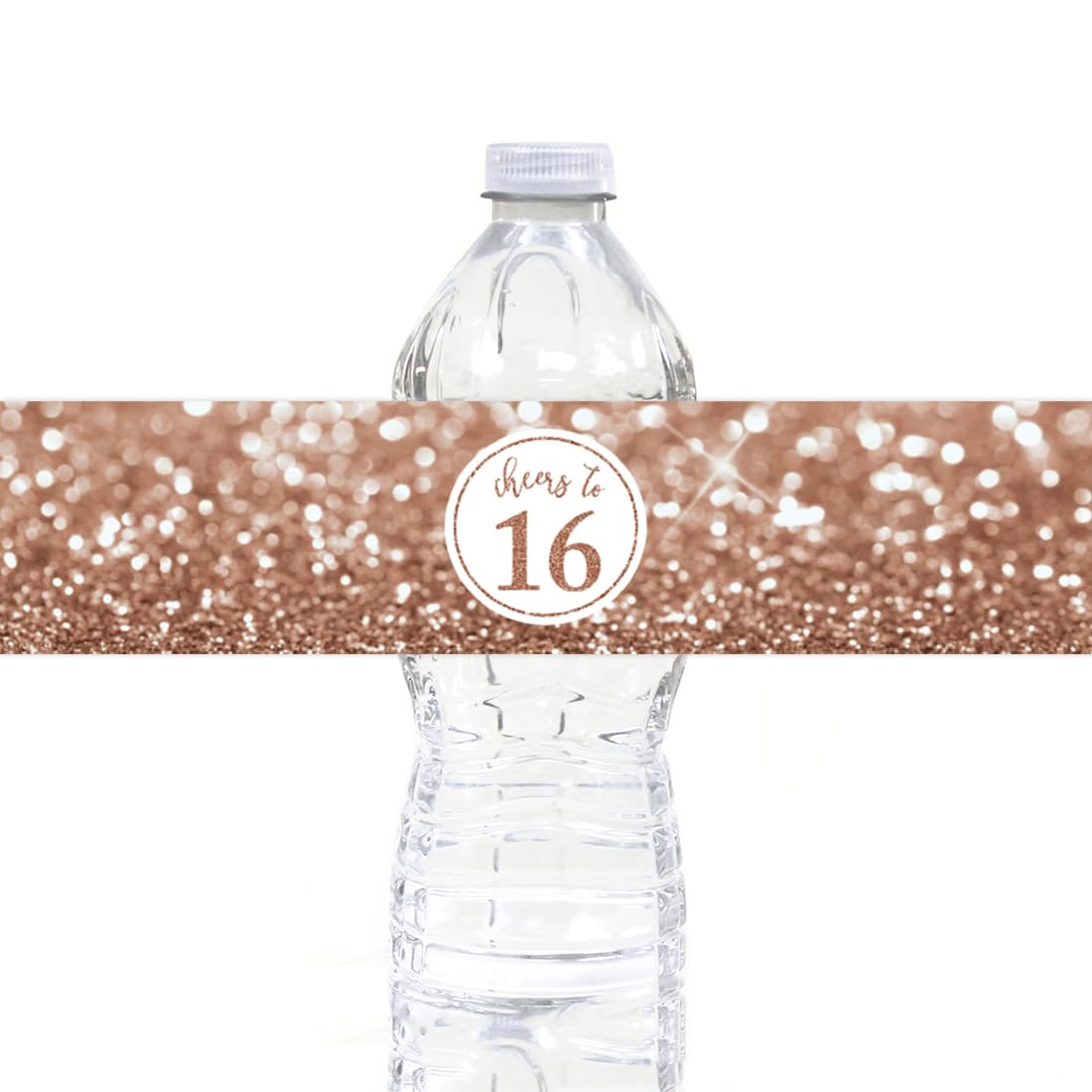 Andaz Press Glitzy Faux Glitter Rose Gold Water Bottle Labels - 20-Pack Sweet 16th Birthday Decorations