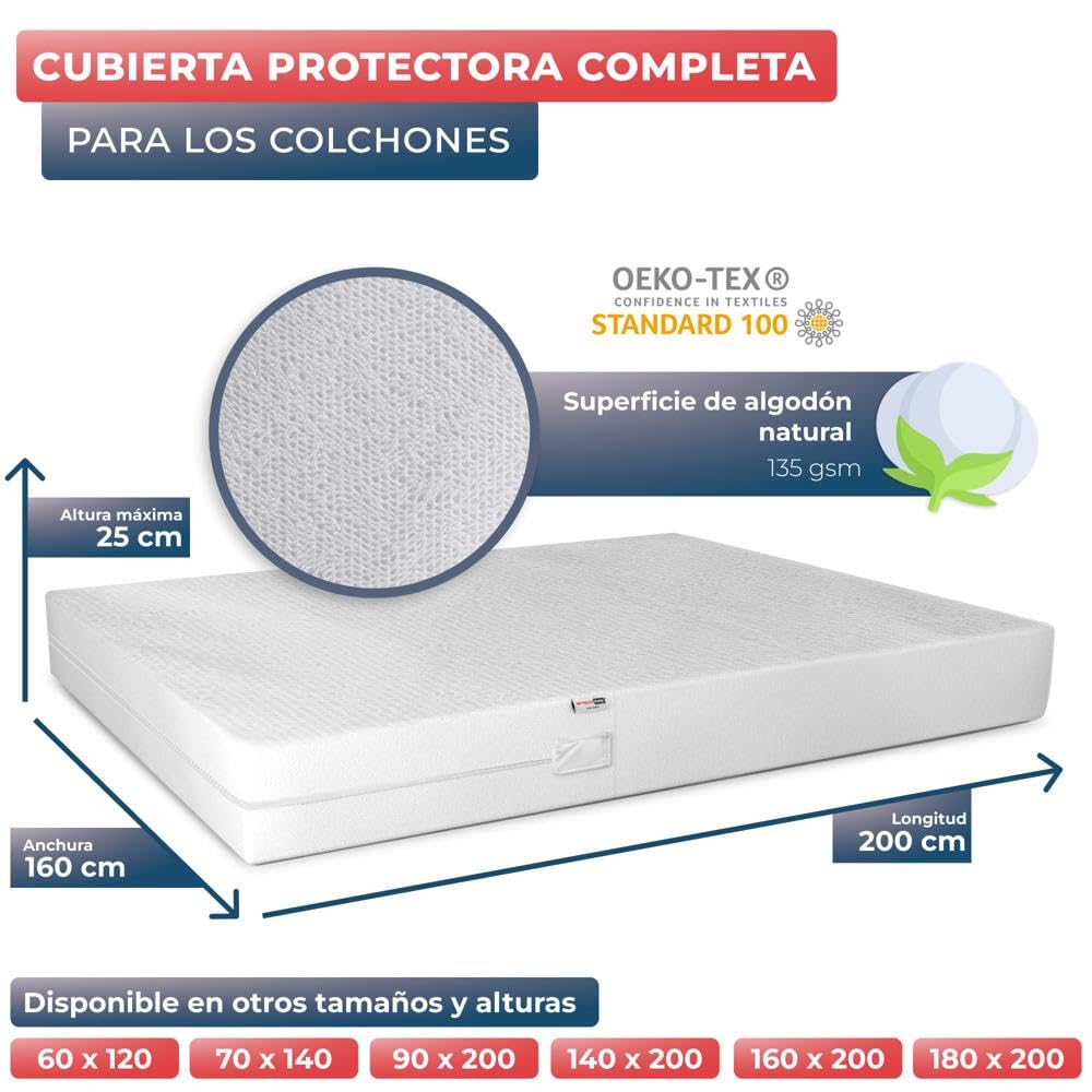 WRAPPYBAG Protector de Colchón Impermeable – Cubre Colchón Anti Chinches y Antiácaros – Funda de Colchón Sin Tratamiento Químico – Superficie de Algodón Suave y Cómoda – 14 Tamaños Disponibles