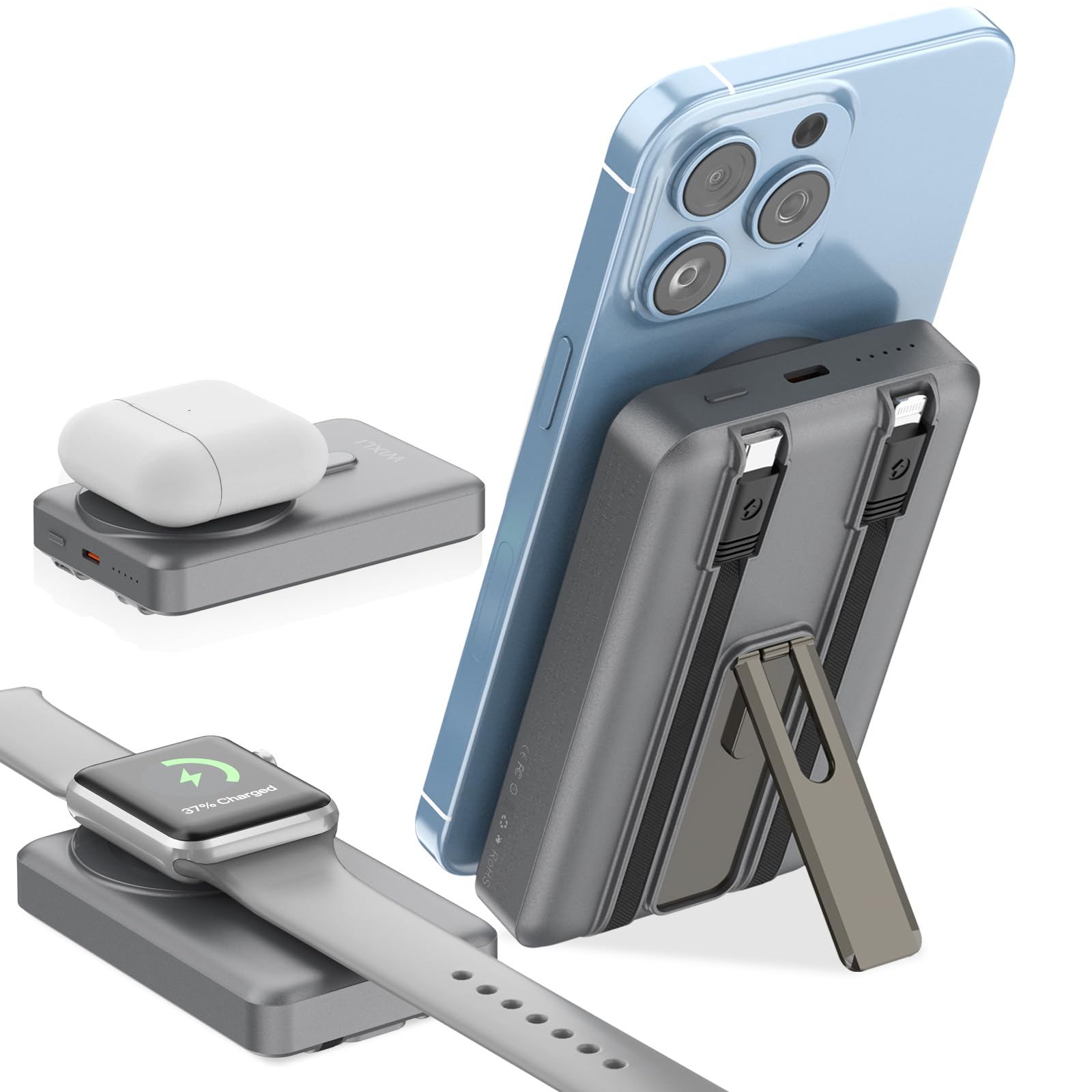 Wireless Portable Charger 3-in-1 Magnetic Power Bank 10000mAh with USB-C iOS Cable and Stand 22 5W Fast Charging