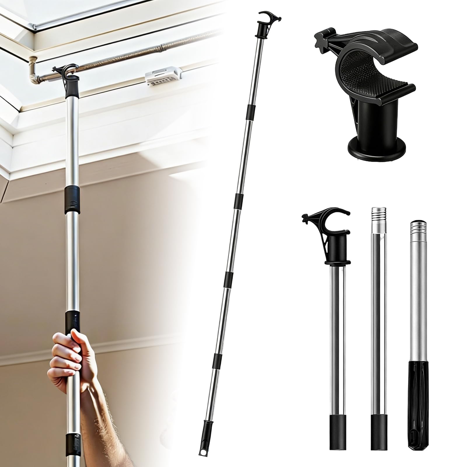 Telescopic Roof Window Pole Opener with Hook 5-Section Adjustable Stainless Steel Rod for Skylight & Blind Operation, Compatible with Velux GGL GGU Attic Windows(1.86m,Black)