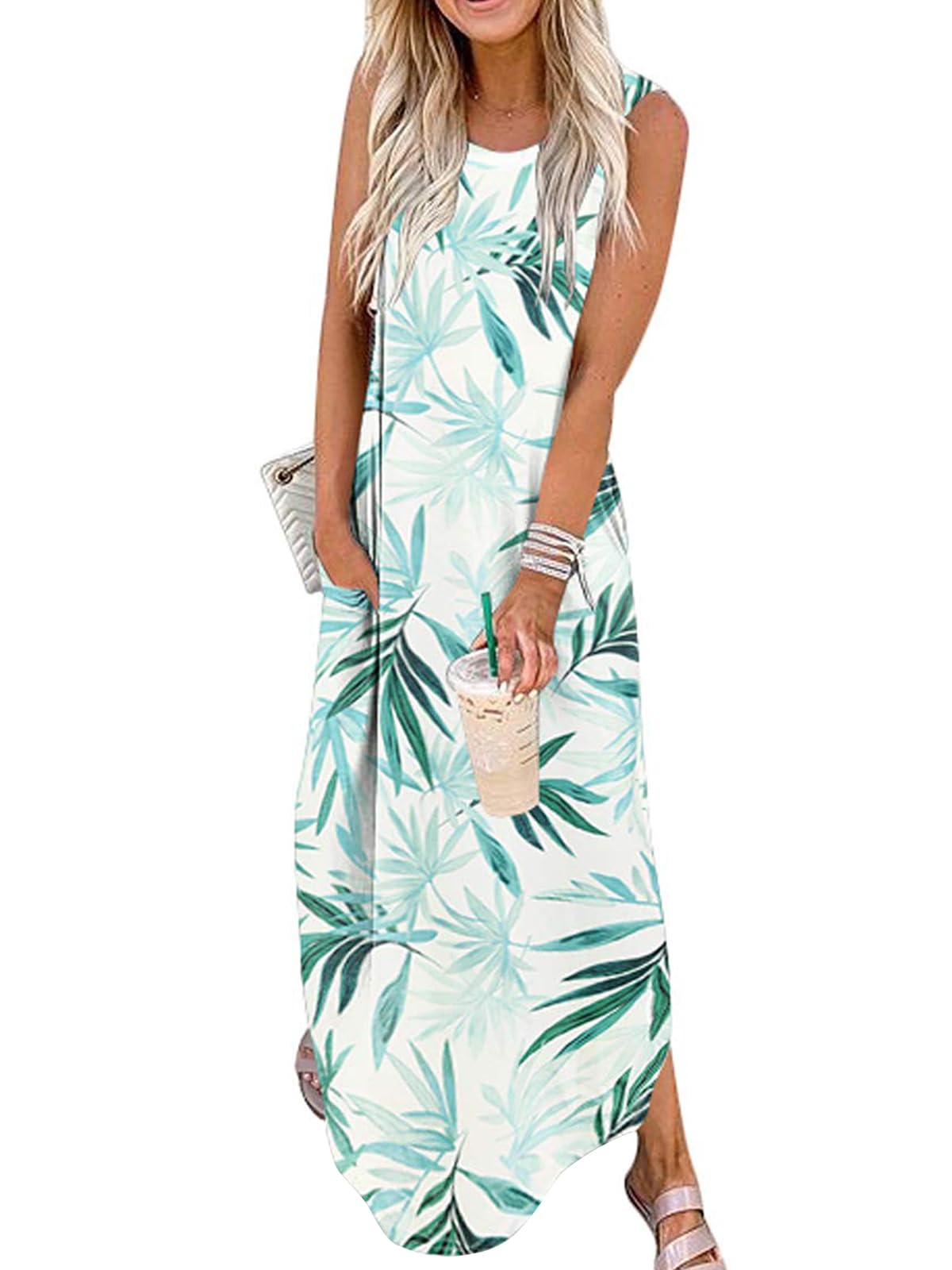 Cuptacc Sommerkleid Damen Lang Ärmellos Blumenmuster Strandkleid Maxikleid mit Taschen Elegante