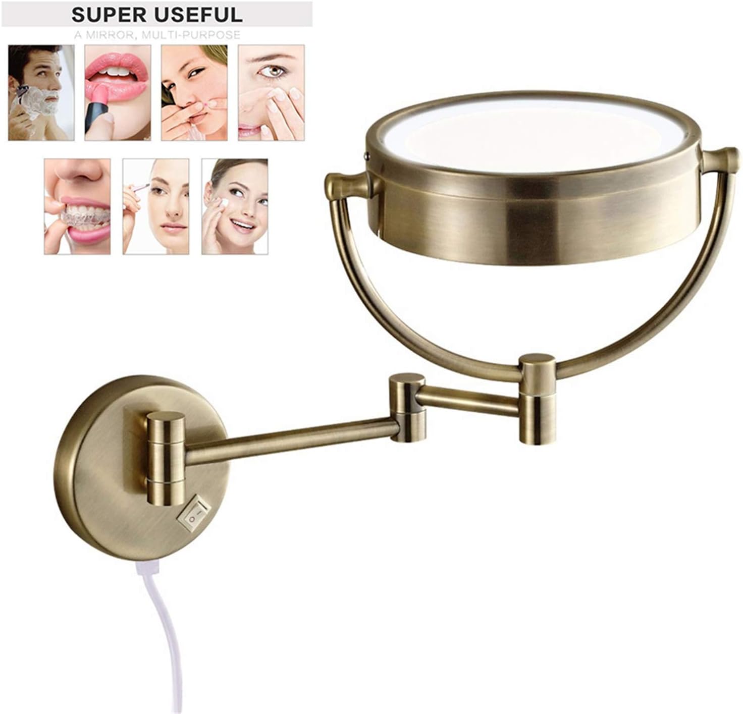 8.5 Inch Wall Mounted LED Lighted Makeup Mirror with Magnification, Bronze Bathroom Double Sided Shaving Vanity Mirror, Plug Powered,7X(10x)