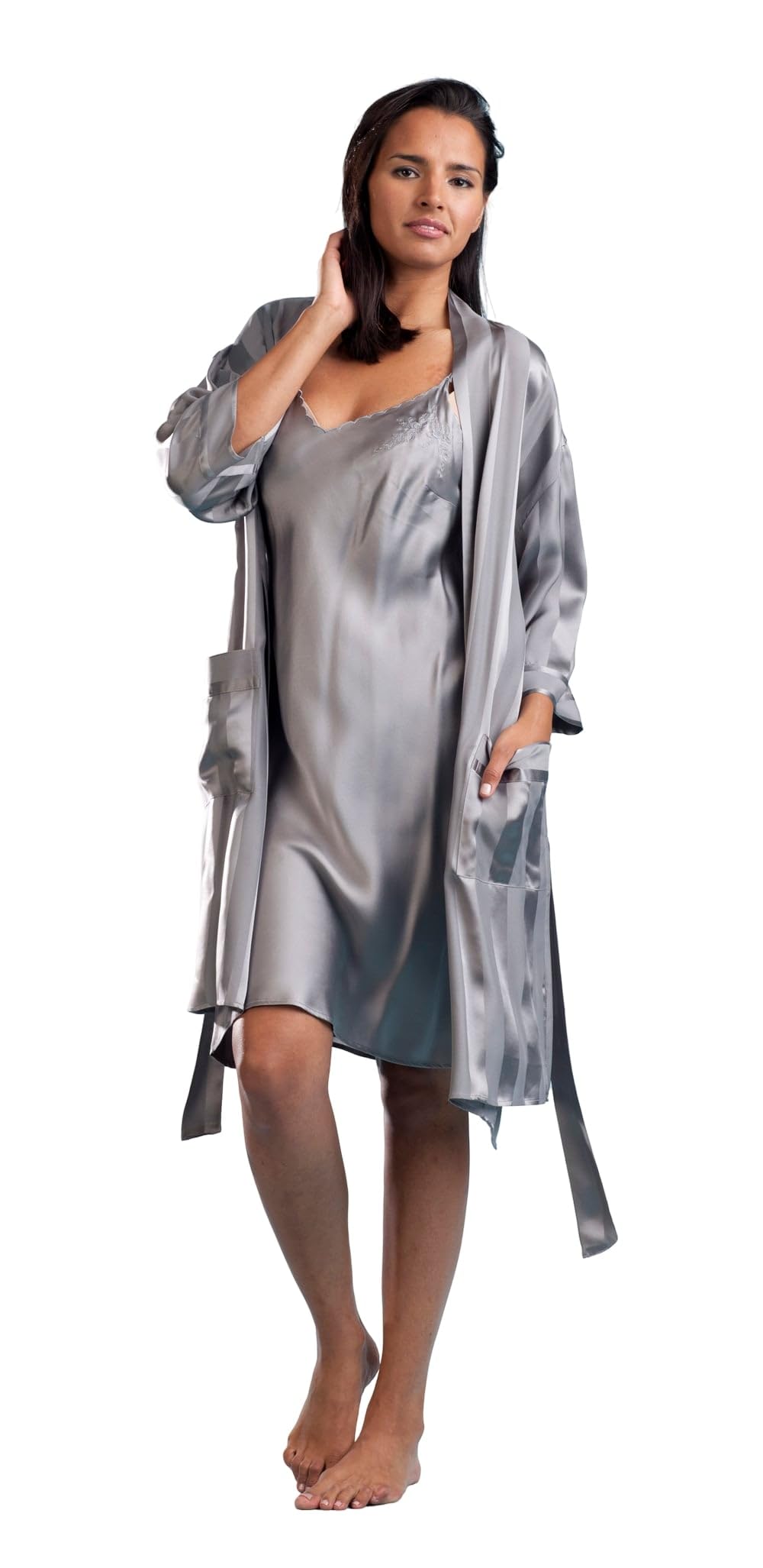 LA CERA Womens Silk Short Kimono Robe 100 Silk Matching Tie Belt Front Pockets Luxurious Comfort Style