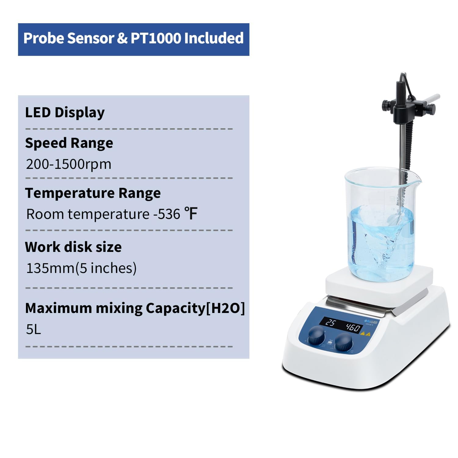 ONiLAB Agitatore magnetico digitale a LED da 12,7 cm con piastra di lavoro in alluminio rivestito in ceramica, 200-1500 giri/min, 5L, 110 V, sensore sonda di temperatura, supporto e barra di
