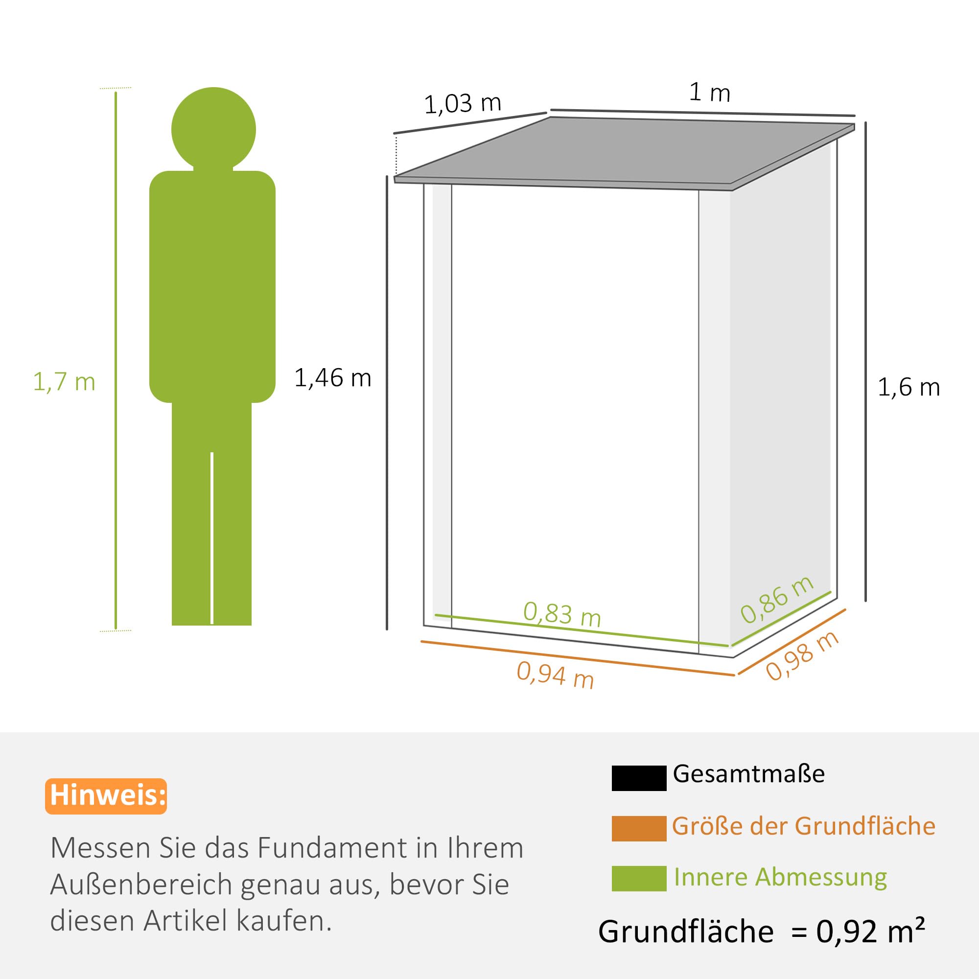 Outsunny Metalowy Schowek Ogrodowy 0,92 m² 100x103x160cm, Schowek na Narzędzia z Dachem Pultowym, Drzwi Zamykane, Zielony