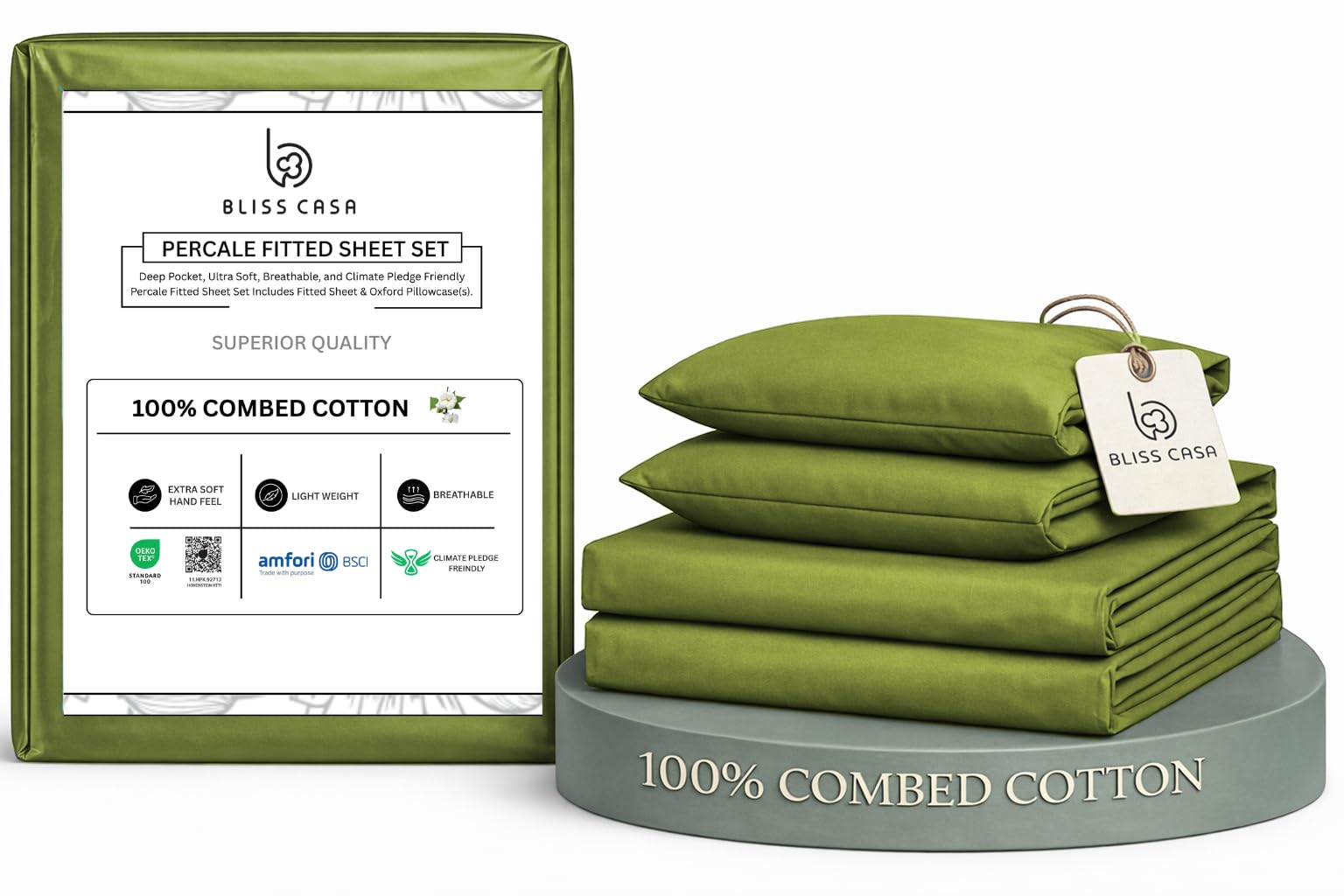 Bliss Casa Percale Cotton Sheet Set Twin Size, 3‑Piece, 100% Combed Cotton, Crisp & Cool