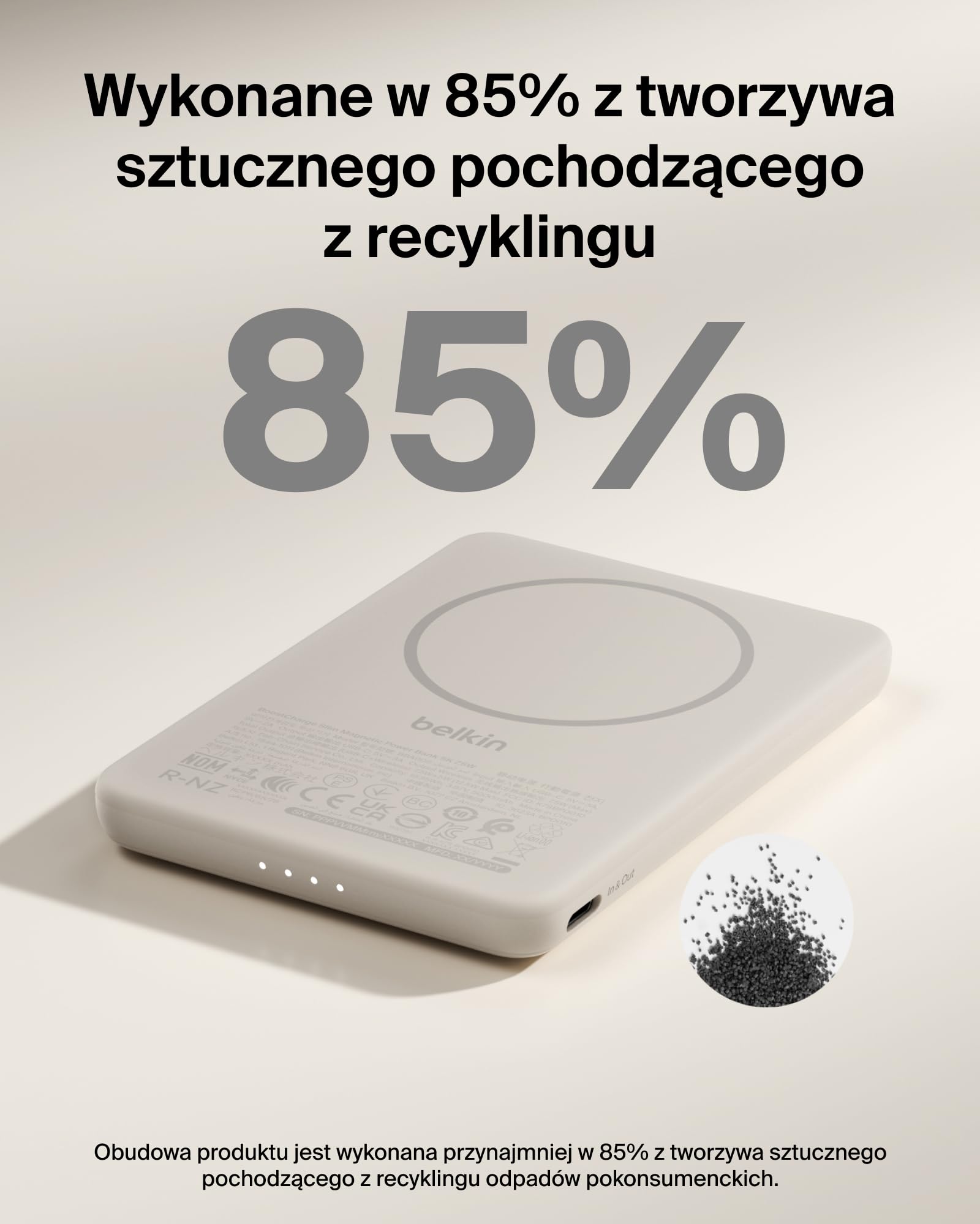 Belkin BoostCharge Magnetyczny Powerbank 5000 mAh z Pierścieniem – Piaskowy | Powerbank Bezprzewodowy 5000 mAh, Pierścień Magnetyczny do Akcesoriów, Port USB-C, Wstępnie Naładowany, Kabel w Zestawie