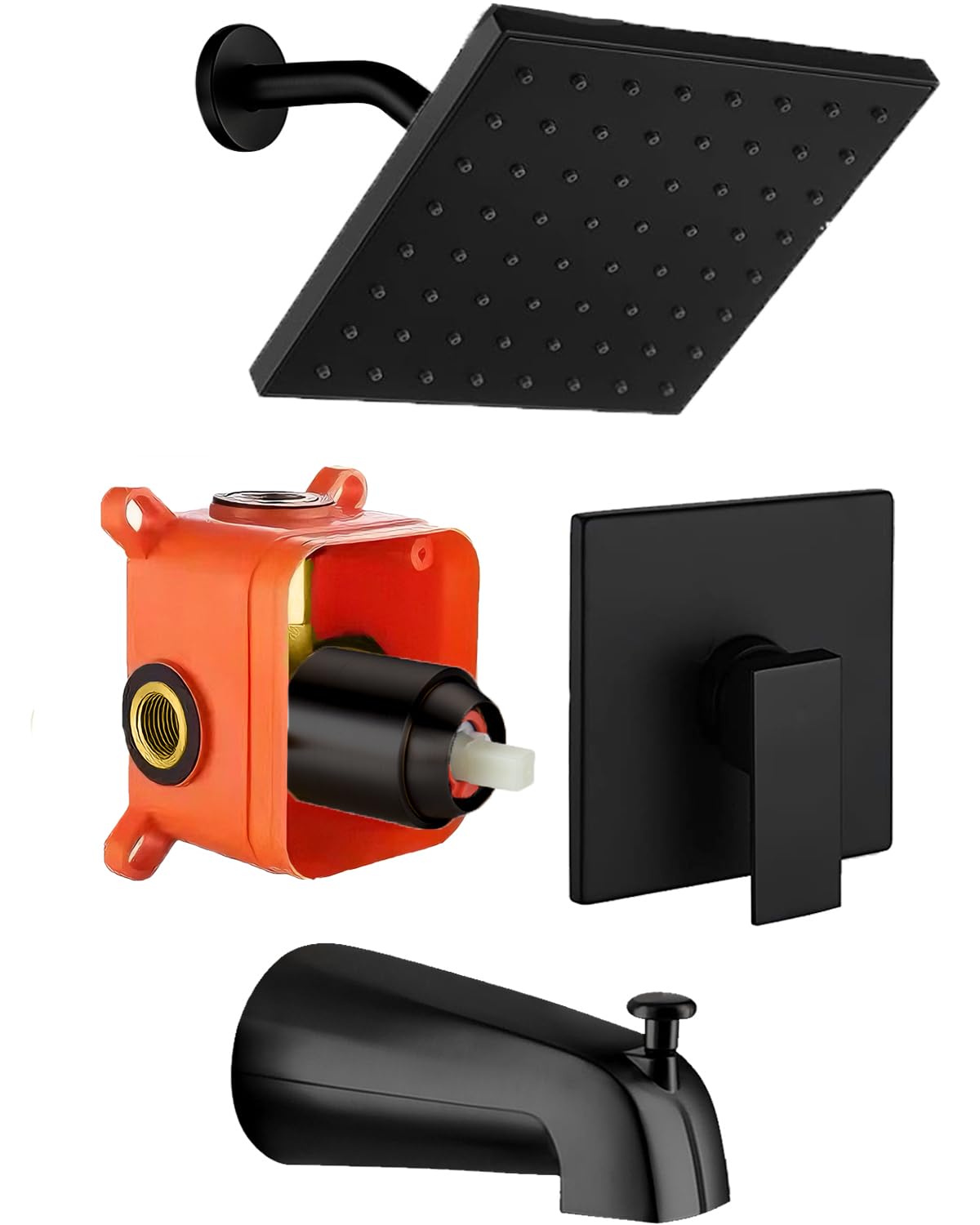 SUNZOE Shower Faucet Set with Tub Spout Matte Black Rough-in Valve Body Included 8 Inch Thickened Overhead Shower Large Flow Rate Tub Spout Wall Mounted Rainfall Shower System (Matte Black)