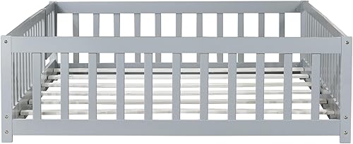 Miniatura 108 de Harper & Bright Designs Cama de suelo tamaño Queen con valla y puerta, marco de cama Montessori de madera para niños, niñas, listones incluidos, no