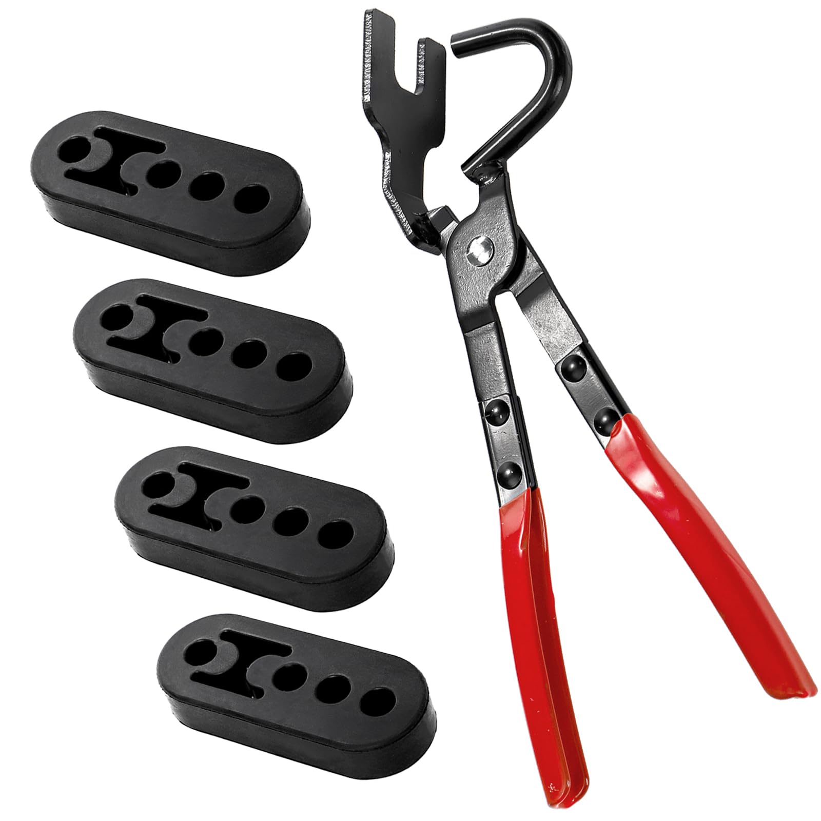 Exhaust Hanger Removal Pliers and 4 Pieces 4 Hole Hanger Rubber Kit, Universal Muffler Rubber Bracket Separation Exhaust Pliers Suitable for Most Car Pipe Exhaust Hangers
