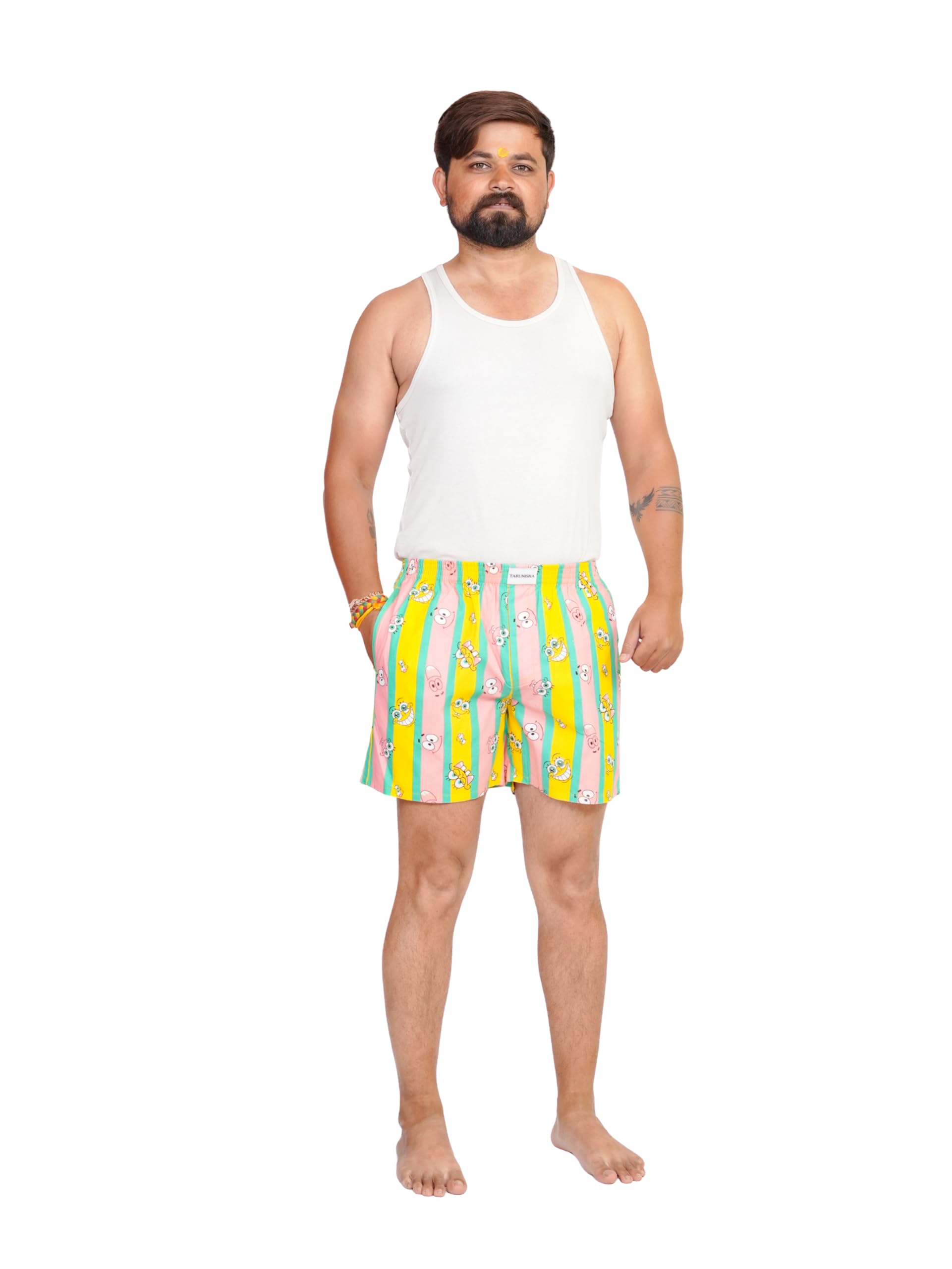 Men's Printed Boxer Shorts, Multicolour Striped Cartoon Print, Summer Lounge Wear-image-45