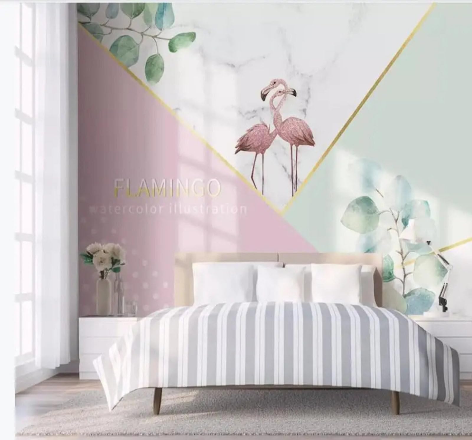 Tzxztt 400Cm×280Cm(B×H) Fresh And Whimsical Geometric Flamingo Watercolour Leaves Modern 3D Wallpaper Premium Textured Silk Neutral Tones Material Ideal For Living Room Bedroom-400Cm×280Cm