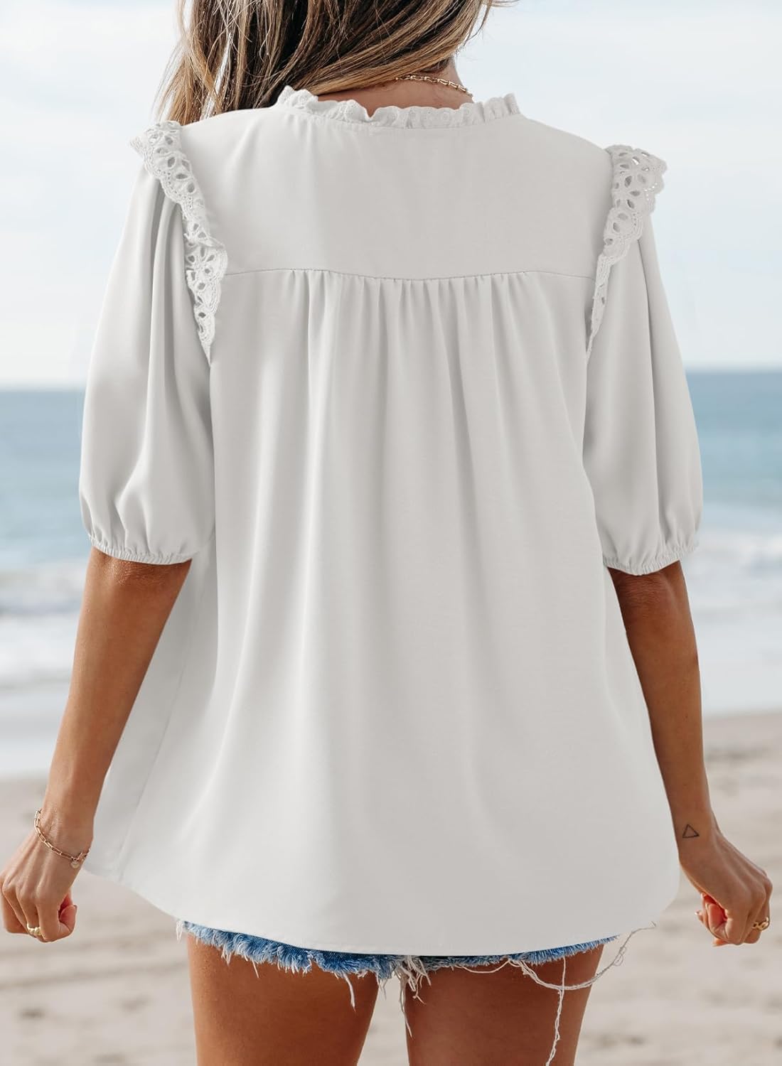 Dokotoo Womens Summer Tops 2026 Boho Short Sleeve V Neck Lace Embroidered Tie Front Casual Loose Blouses Shirts - Image 2