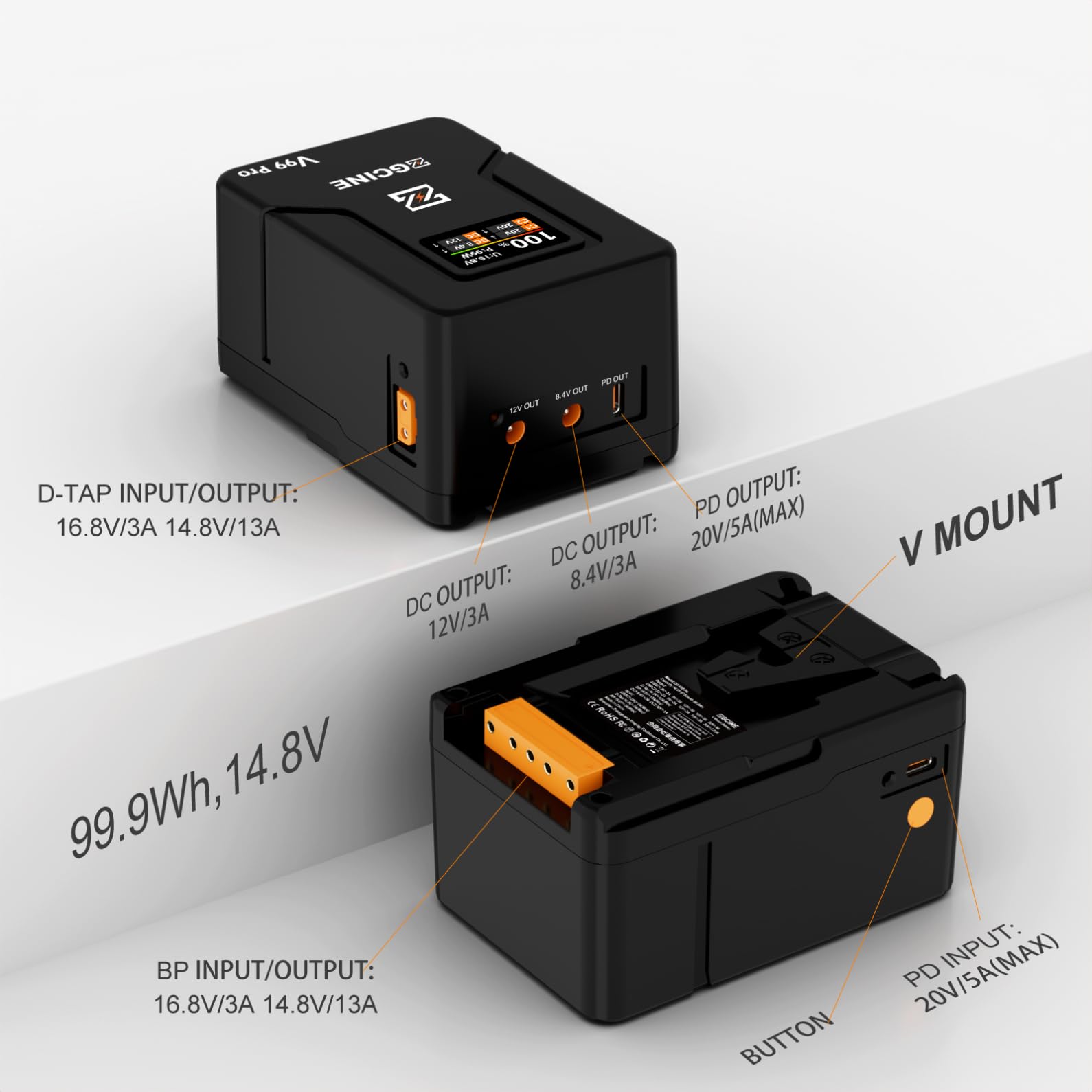 ZGCINE ZG-V99Pro V-Mount Batteria 14.8V 99.9Wh 6400mAh PD USB-C 100W Ricarica Rapida con D-Tap BP porte USB per fotocamere, videocamere, luci LED, monitor, arancione