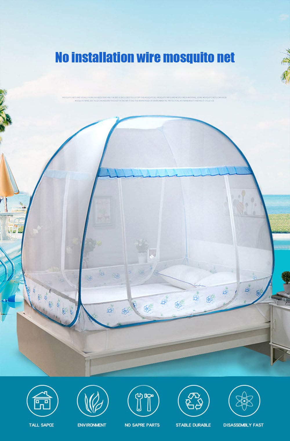 Zanzariera, Baldacchino per Letto Pop Up Pieghevole Facile da Installare con Fondo Anti Punture di Zanzara per Letto Campeggio Viaggi Casa All'aperto,2,1.2 * 2m