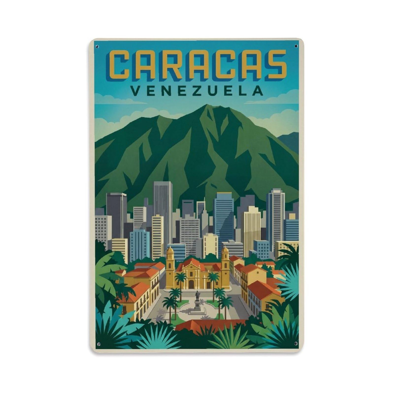 Vintage Travel Venezuela Caracas Metal Tin Sign