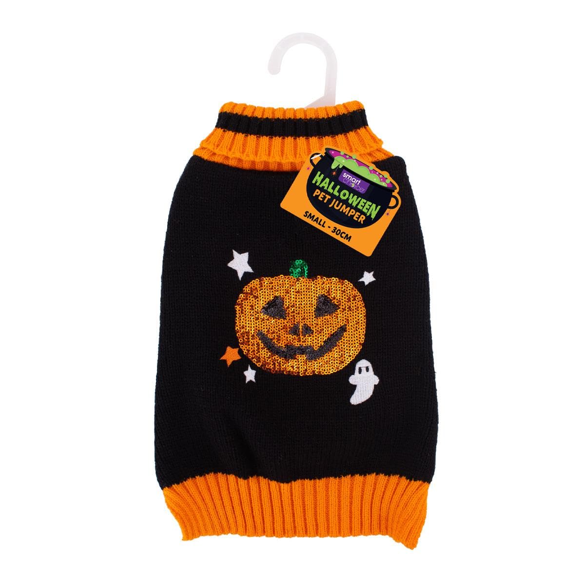 Small Halloween Orange Black Pet Jumper - Dog Puppy Pumpkin Design Sequin Sweater Sweatshirt Knitwear Pullover Outfit Party Clothes Turtleneck Cat Kitten