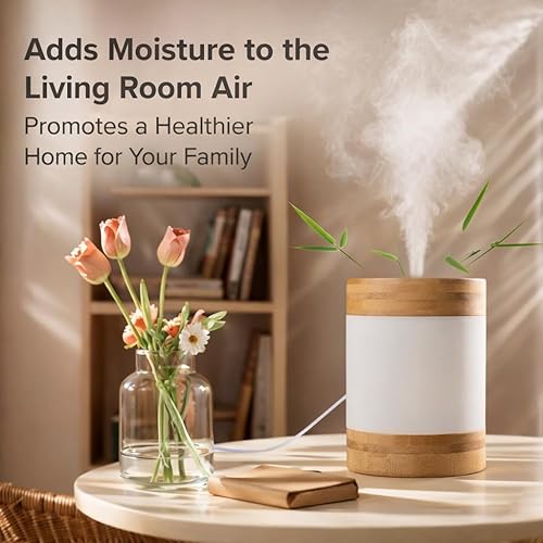 Miniatura 2 de Mini humidificador ultrasónico de bambú, humidificador de escritorio silencioso de 14.1 onzas líquidas con luz nocturna LED dual, alimentado por