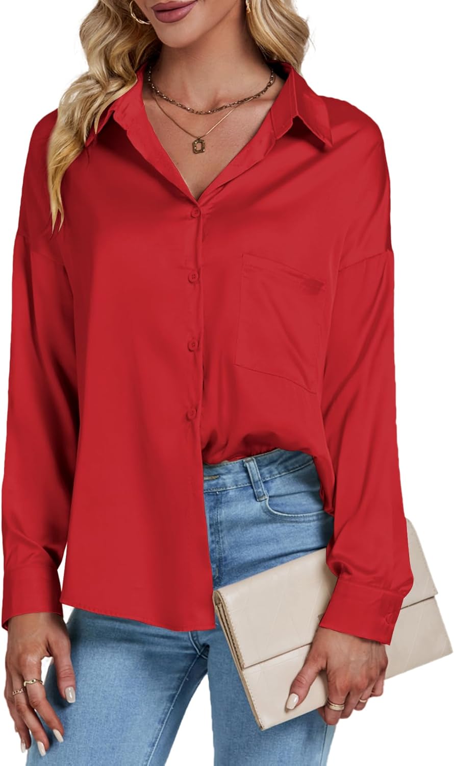 LYANER Women's Satin Silky Long Sleeve Collar V Neck Button Down Loose Fit Blouse Shirt Top - Image 4