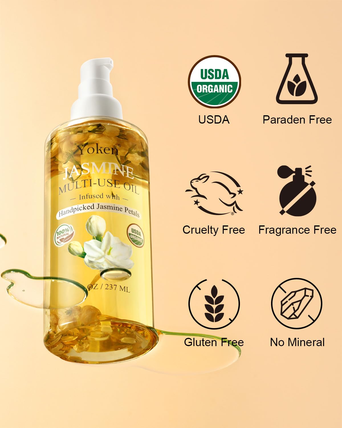 Olio corpo biologico multiuso per pelle, viso, capelli e unghie, con petali di gelsomino raccolti a mano, olio essenziale di gelsomino e vitamina E e olio di mandorle, nutriente e idratante, per