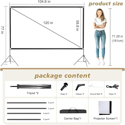 Miniatura 6 de Pantalla de proyector portátil para exteriores de 120 pulgadas con soporte y bolsa de transporte, formato 169, 4K HD, sin arrugas, diseño plegable y