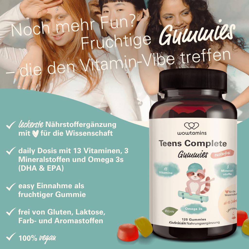 wowtamins Teens Complete zuckerfrei - Vitamine für Jugendliche (30-Tage-Vorrat) - Multivitamin Gummies mit Omega 3 - Nahrungsergänzungsmittel für das Immunsystem mit Vitamin C, D3, B12, Zink & mehr