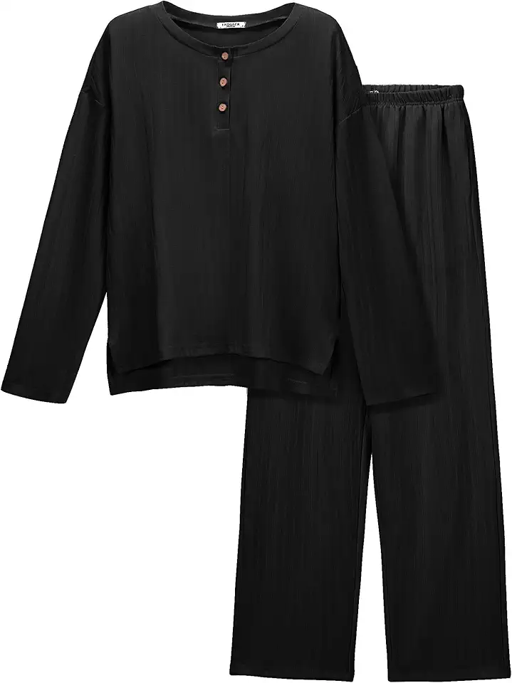 Ekouaer Womens Ribbed Knit Lounge Set Long Sleeve Top and Long Pants Sleepwear Pajama Set Two Piece Matching Set with Pockets