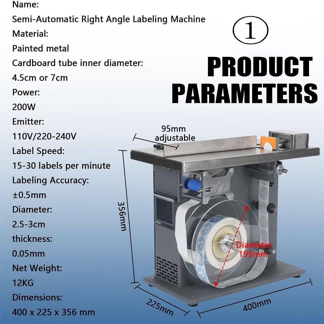 Etichettatrice angolare a 90°, applicatore semi-automatico ad angolo retto da 200 W con controllo PLC, 15-30 pz/min, precisione ±0,5 mm, supporta etichette da 2–5 cm / 2,5–3 cm 25to30mm