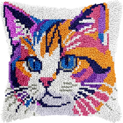 Image of LUBOT Colorful Cat Latch Hook Kits for Adults Rug Pillow Cover with Printed Canvas Pattern Crochet Kit for Beginners 17 inch X 17 inch