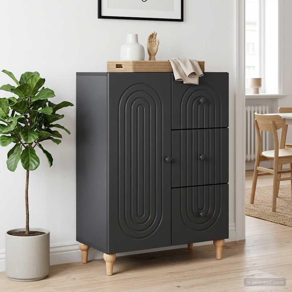 Credenza nera, 66 x 34,5 x 90 cm, in legno con 3 cassetti e porta basculante a 90°, comò versatile per soggiorno, sala da pranzo, corridoio, ufficio