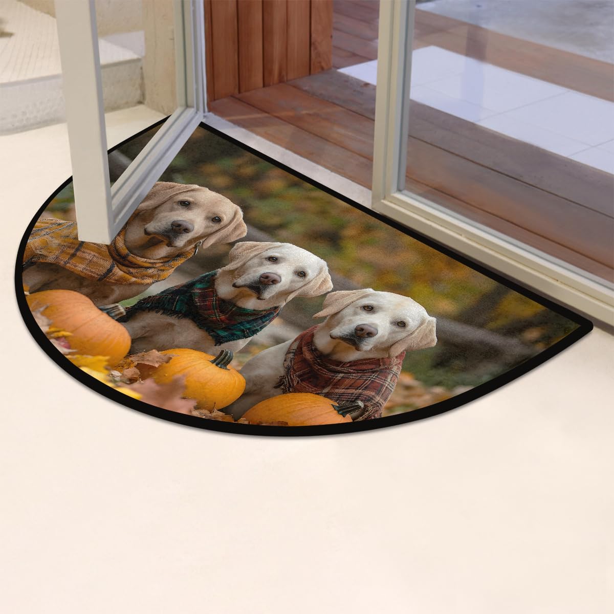 Fall Dog Pumpkin Half Round Door Mat Non Slip Washable Semi Circle Area Rug Absorbent Soft Half Moon Rug Floor Mat for Indoor Outdoor Kitchen Bathroom Patio Front Door Mat Decor