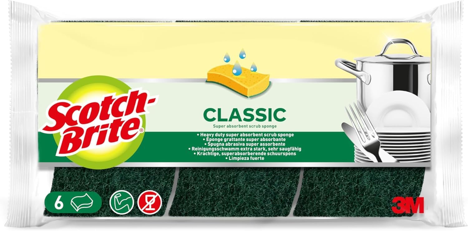 Scotch-Brite Classic Éponge à Récurer en Cellulose Non Rayante - 6 Pièces - Tampon à Récurer Très Absorbant Indiqué pour Les Tâc