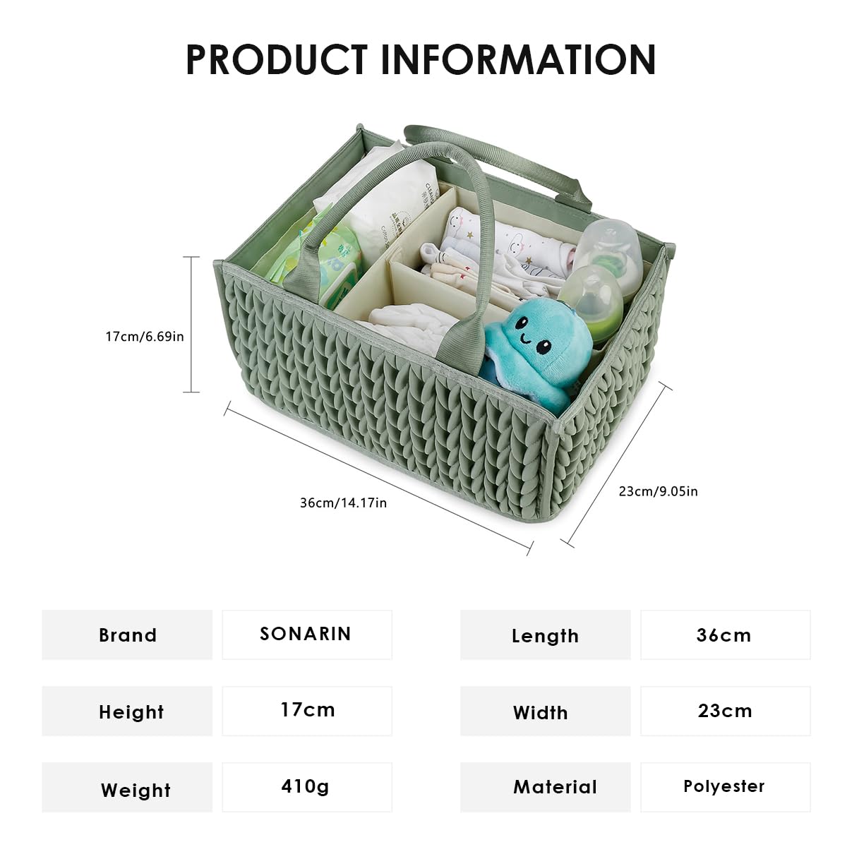 SONARIN Baby Windel Caddy Organizer,Tragbarer Baby Windel Organizer Aufbewahrungskorb für Babysachen Wickeltasche Organizer Windeltasche mit Herausnehmbaren Fächern(Grün)