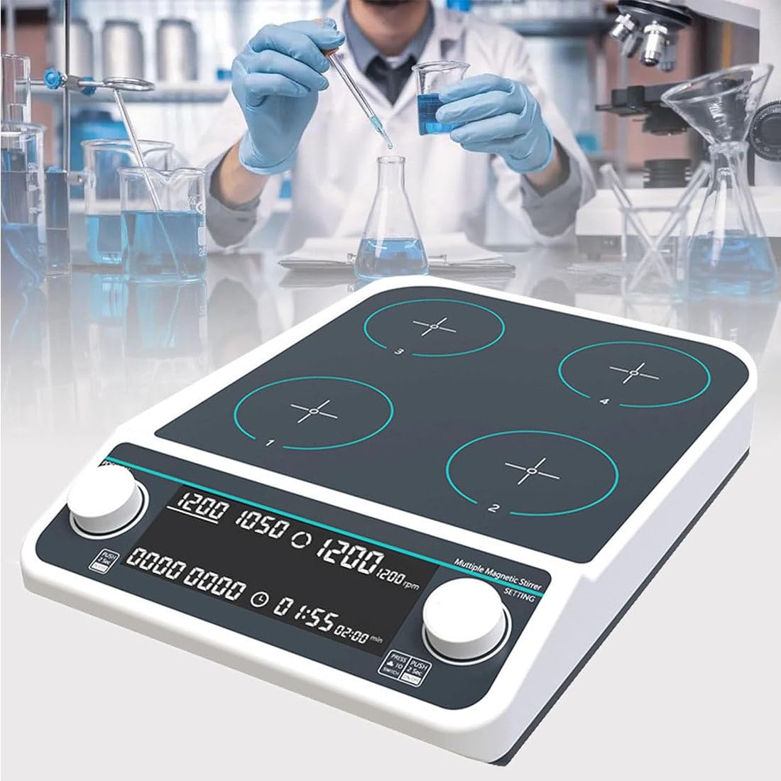 Agitador magnético, mezclador multiposición con velocidad ajustable 50-1500 RPM, capacidad máxima de agitación 4/6/9 x 5000 ml, control síncrono/asíncrono, función de temporizador