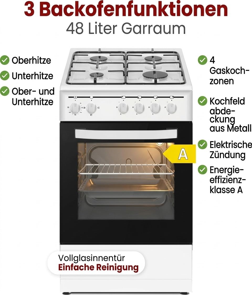 PKM GH4-50 EO AQ Stand-Gasherd 9050 Watt 50 cm 3 Backofenfunktionen Energieeffizienzklasse A