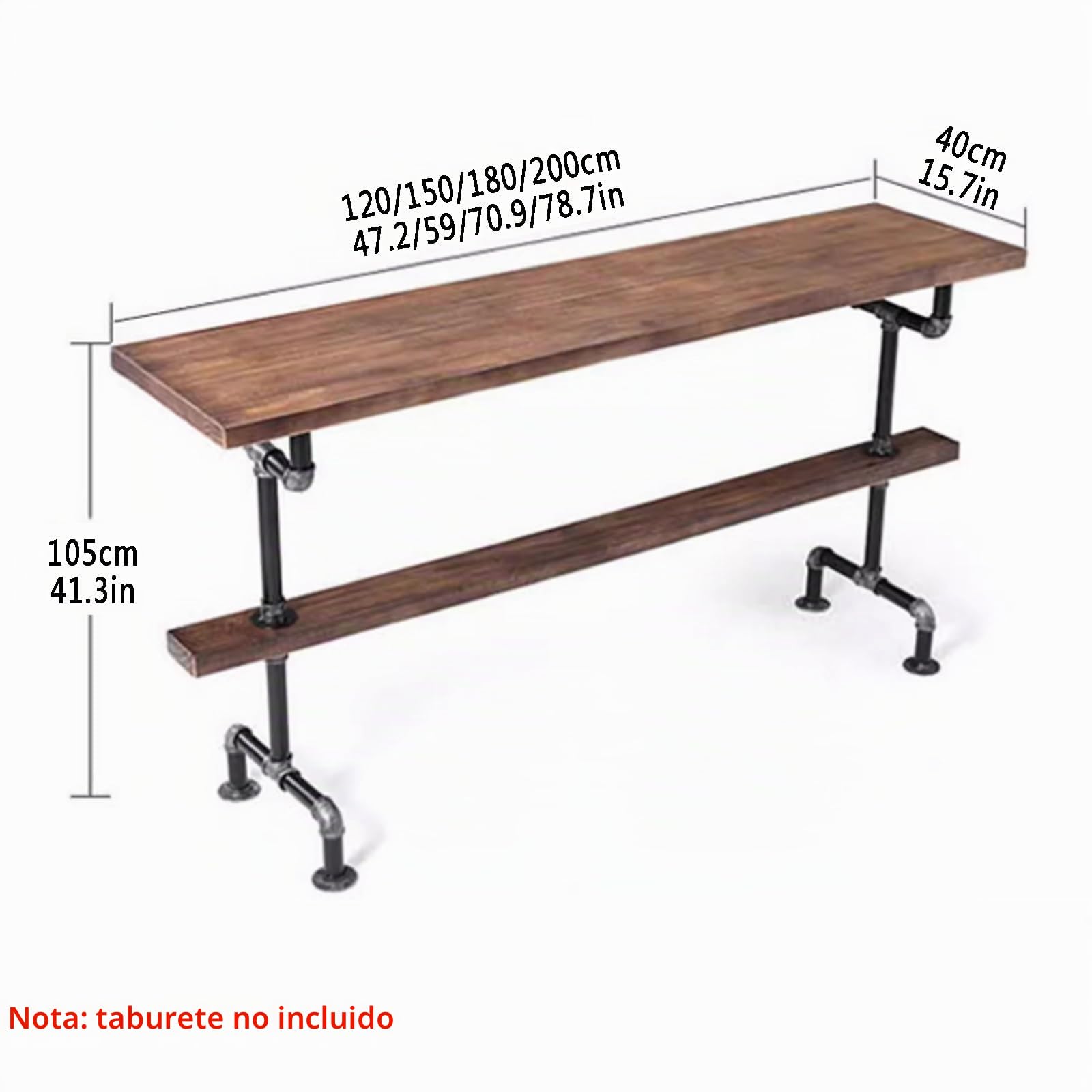 Barra mesa de comedor industrial de madera maciza Barra terraza Mesas Altas De Bar Mesa de bar de patio estrecha Barra de madera mesas altas y estrechas base metálica mesa alta cocina Sin taburete(150
