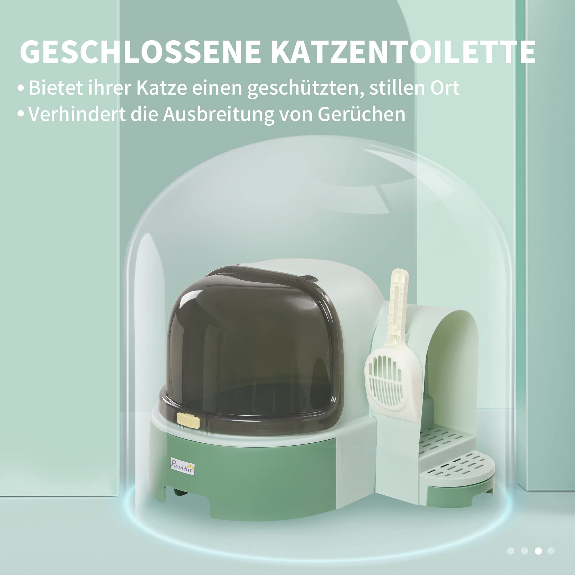 PawHut Katzentoilette, Katzenhaus, Katzenklo inklusive Schaufel, 2 Herausziehbarer Bodenwannen, Haube, Grün, 52 x 60 x 42 cm | Ausziehbares Tablett, Schaufel