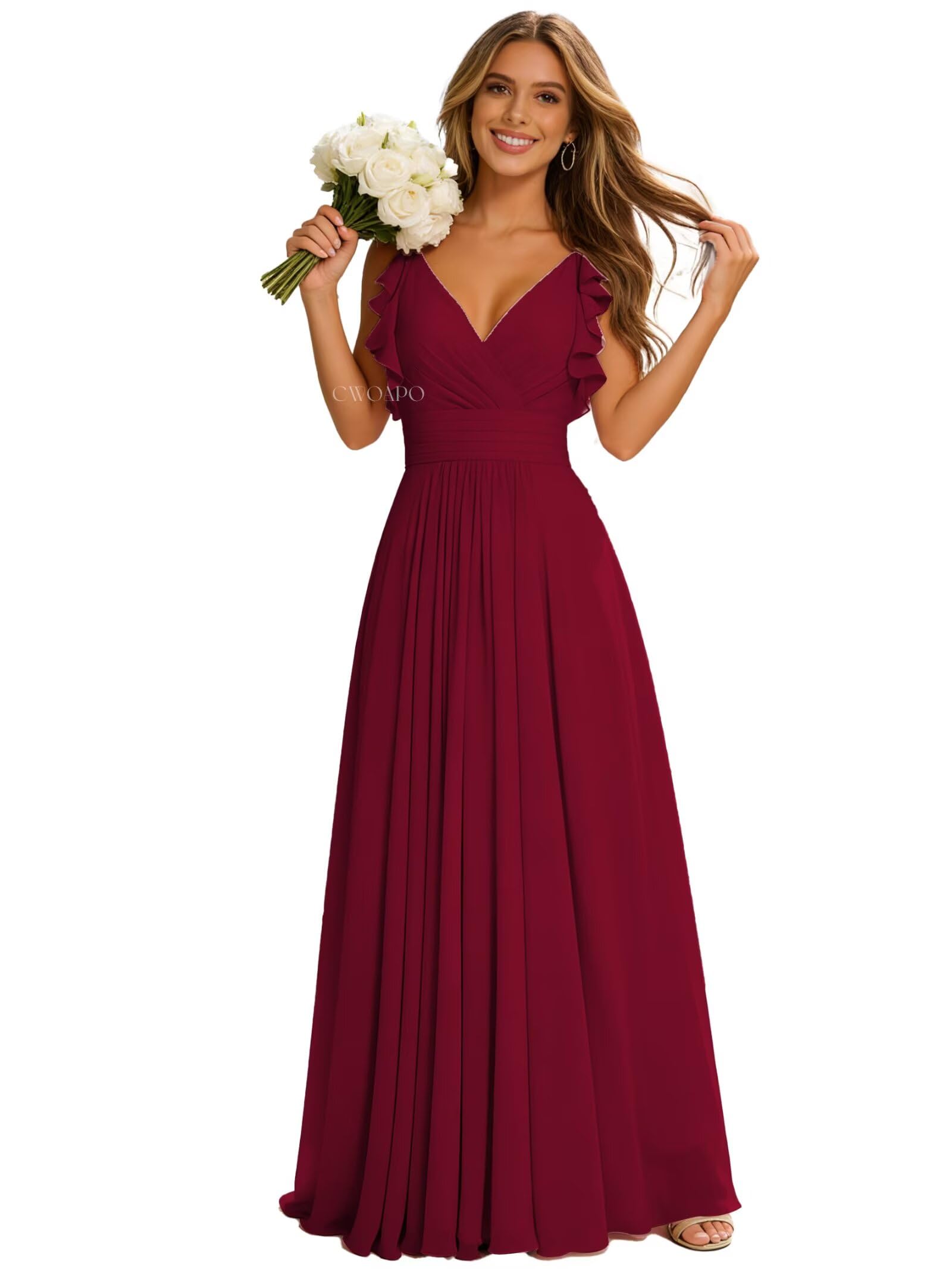 CWOAPO Wine Red Long Bridesmaid Dresses for Women Ruffle Sleeve V Neck Chiffon Backless Pleated Formal Evening Gowns US4