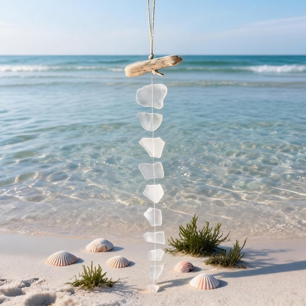 Carillón de viento de cristal de mar hecho a mano con cristal de mar de madera flotante, decoración bohemia de madera flotante, sonido melódico suave, adorno colgante con temática de playa