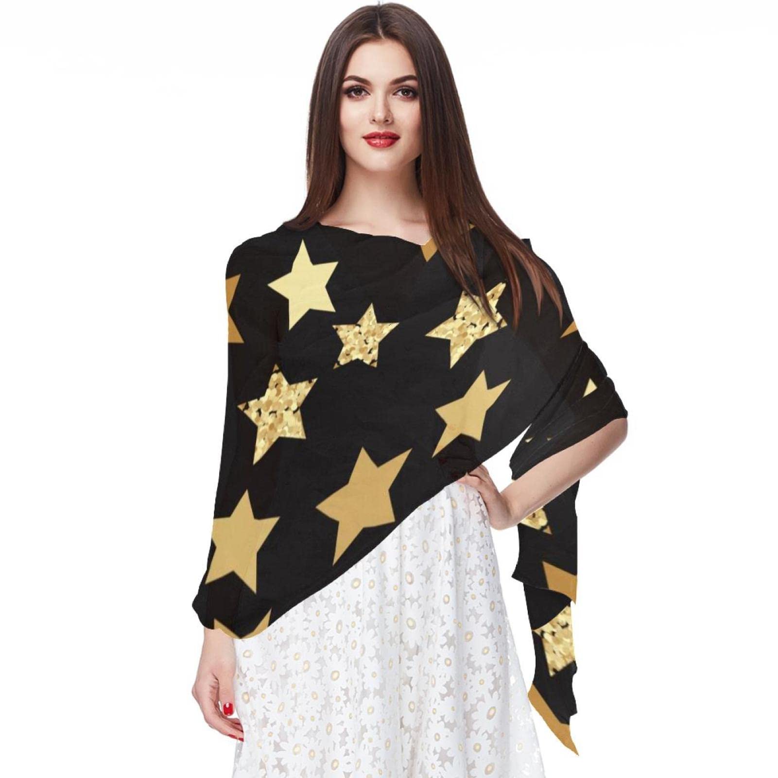 Loiyhngf Women's Golden Yellow Stars Pattern Black Chiffon Scarf Lightweight Fashion Sheer Scarfs Shawl Wrap Scarves