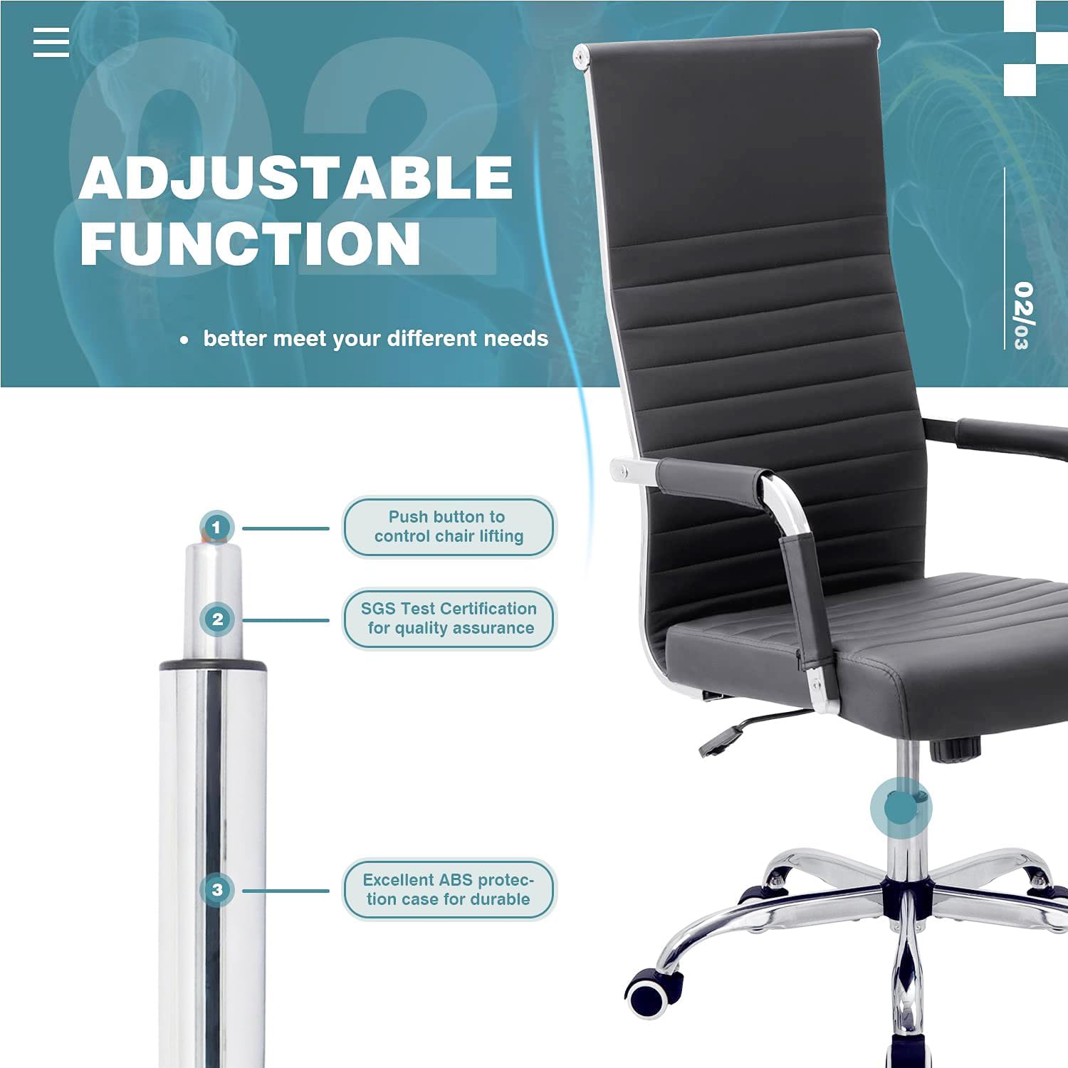 Furniwell Office Desk Chair High Back Ribbed Executive Computer Chair, Adjustable Swivel Rolling Leather Ergonomic Task Chair for Conference Room (Black)