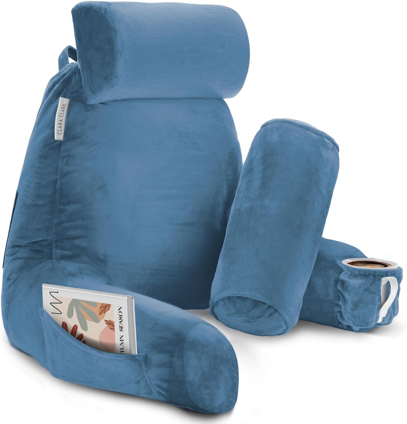 Clara Clark Reading Pillow with Shredded Memory Foam Includes 2 Neck and Lumber Support Pillows Designed for Sitting Up in Bed and Couch Back and Arms Adjustable Support for Adults & Teens Blue Heaven Large 22" Blue Heaven