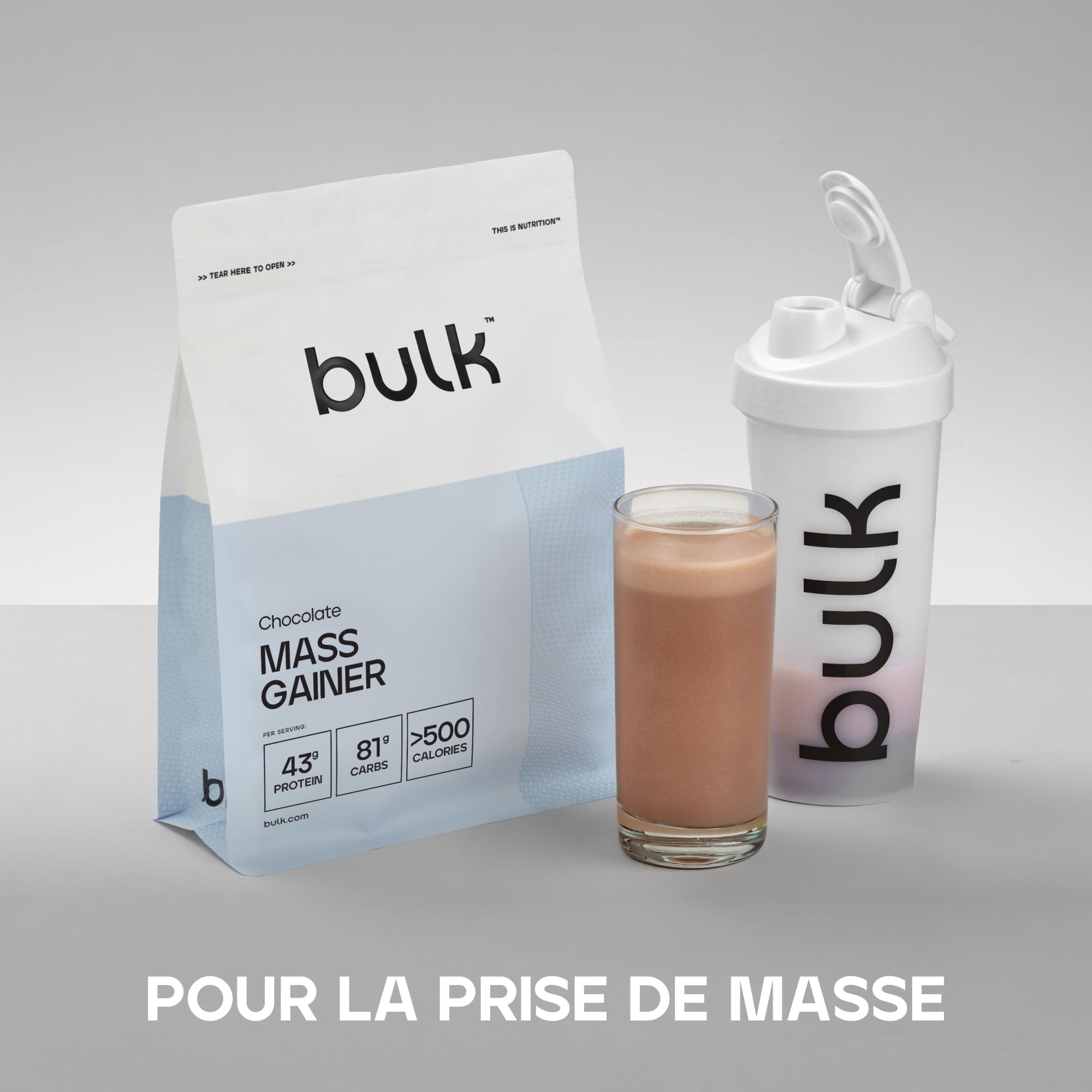 Bulk Gainer Complet Chocolat 2.5kg 43g protéines 81g glucides 500 kcal hypercalorique croissance musculaire